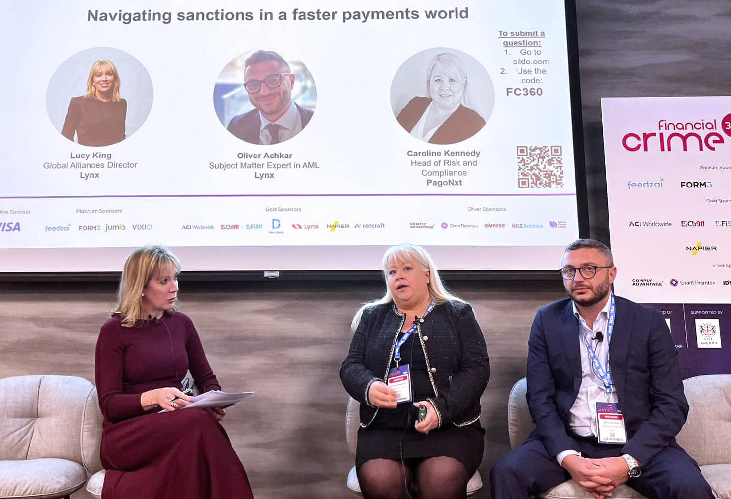 Three people in a panel talking about navigating sanctions in a faster payments world